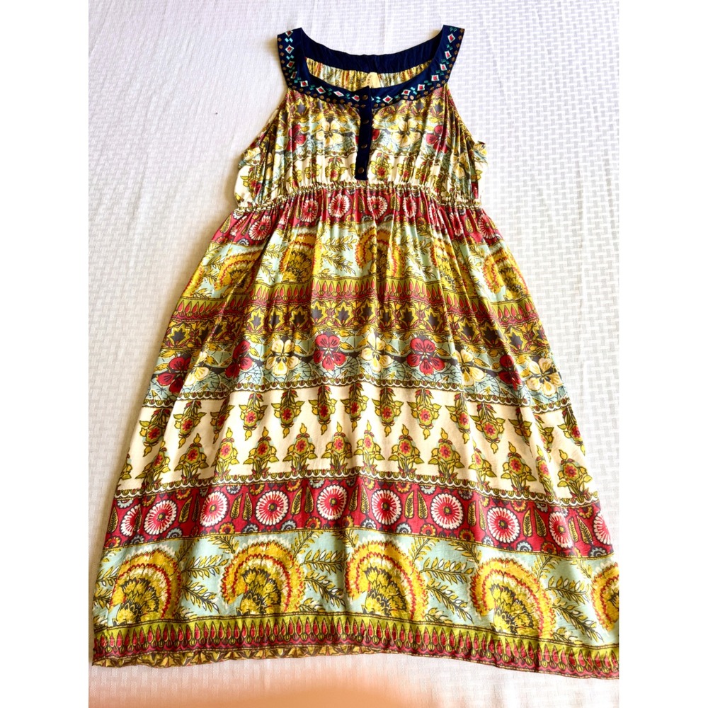 Roper Boho Paisley Floral Midi Dress Medium Blue Yellow Embroidered Sleeveless